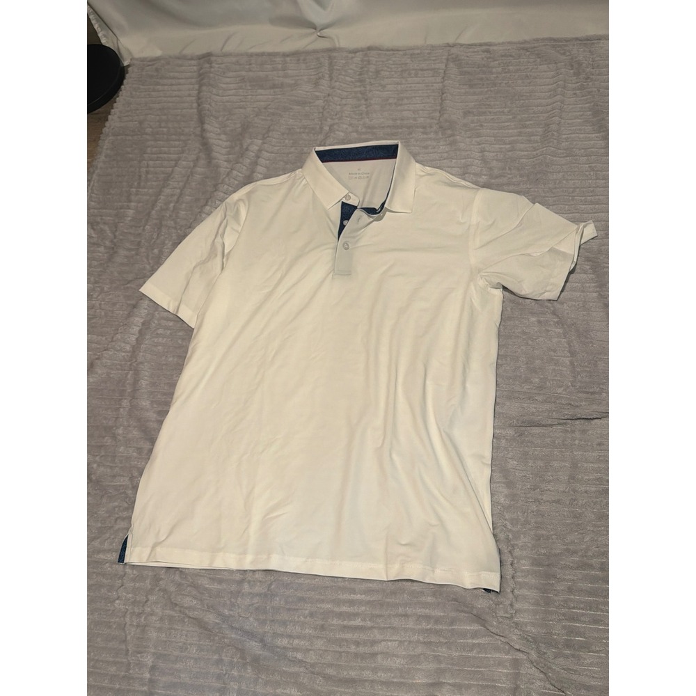 Mens White Short Sleeve Polo Shirt Blue Leaf Print Trim Accent Size XL